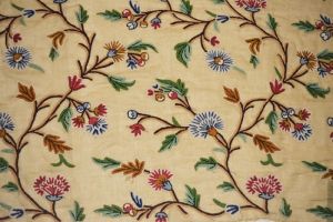 Linen Crewel Embroidered Sheer Fabric Beige, Multicolor