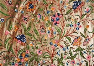 Velvet Crewel Embroidered Fabric Olive, Multicolor