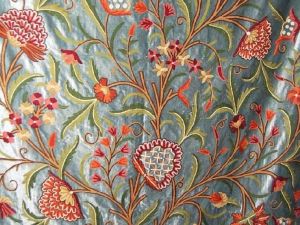 Velvet Crewel Embroidered Fabric Teal, Multicolor