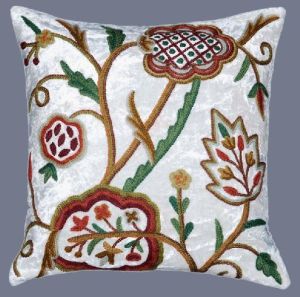 VELVET CREWEL PILLOW CUSHION COVER WHITE, MULTICOLOR