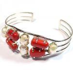 Genuine silver coral pearl cuff bracelet