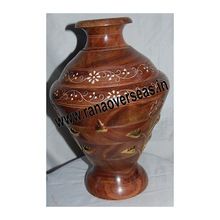 Indoor Decorative Hand Made Carved Brass Inlay Wooden Flower Vase