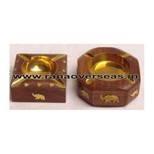 Wooden Ashtray in Brass Fitting and Brass Inlay