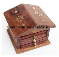 Wooden Hut Shape Brass Inlay Coaster Set