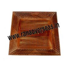 Wooden Jali Cut Square Shape Brass Inlay Tray