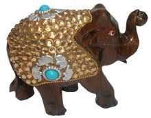 Wooden Trunk Up Hand Carved Bead Work Elephant