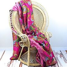 Traditional Kantha Handwork Bedspread Floral Printed Kantha Quilt