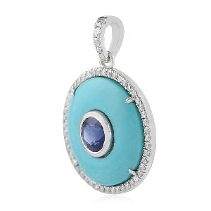 Blue Sapphire Turquoise Round Disc Pendant