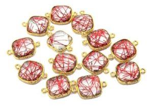 Cushion Shape Red Rutilated Quartz Gold Plated Double Bail Bezel Connectors