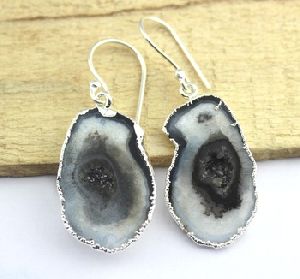 Natural Light Black Geode Druzy Silver Plated Earring For Women