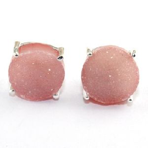 Natural Light Orange Druzy Stud Earring Silver Plated Stud