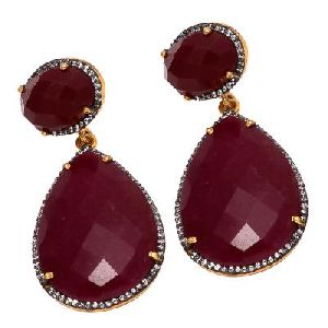 925 Sterling Silver Dyed Ruby With White Zirconia Earring