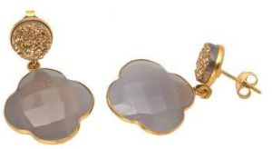 Gray Chalcedony And Golden Druzy Gemstone Earring