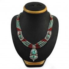 Huge Modern Style ! 925 Sterling Silver Coral & Turquoise Necklace
