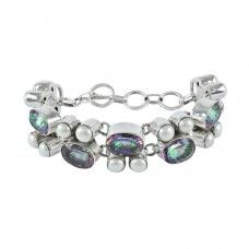 Huge Modern Style South Sea Pearl & Mystic Topaz Gemstone 925 Sterling Silver Bracelet