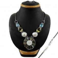 New Style Of !! 925 Sterling Silver Shell, Lemon Topaz,, Blue Topaz, Amethyst Necklace