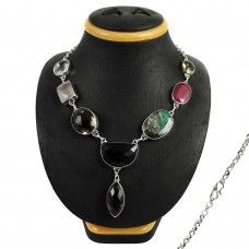 Smoky Quartz, Ruby, Emerald, Citrine, Rose, Quartz Gemstone Sterling Silver Necklace