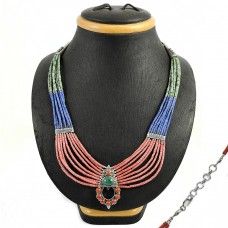 Soigne Bohemian 925 Sterling Silver Coral, Turquoise, Lapis Necklace