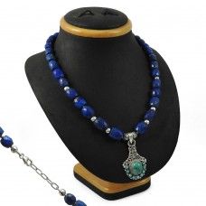 Stylish ! Bohemian Turquoise, Lapis Gemstone Sterling Silver Necklace Jewelry