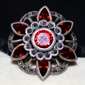 925 Sterling Silver Garnet Gemstone Marquise Round Shape Faceted Ring