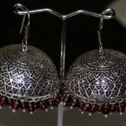 German Silver Fancy Maroon Beads Earring Jhumki Pair