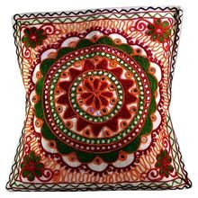 Ethnic Mirror Work Thread Embroidered Mandala Pillow Cushion Cover
