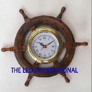 Nautical ship wooden wheel with clock