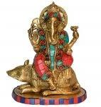 Ganesha sitting on Rat metal temple worship Murti