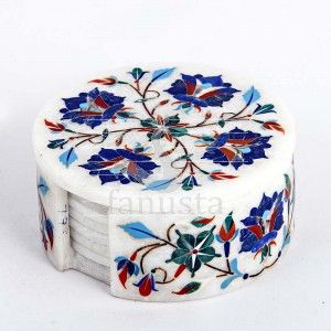 Blue Floral Design Marble Coaster Set