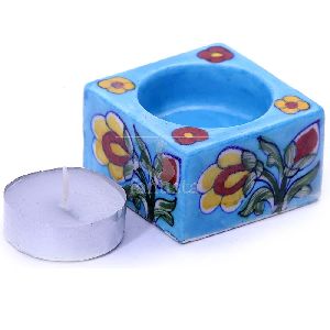 Blue Pottery Squre Diya in Sky Color