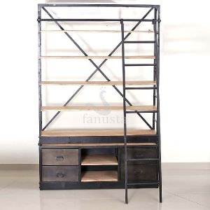 Industrial Style Wood and Iron Shelf With Ladder and Drawers