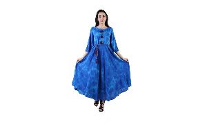 Latest Designer Printed Long Pattern Blue Color Cotton Fabric 3/4 Size Sleeves Women\\\'s Dress