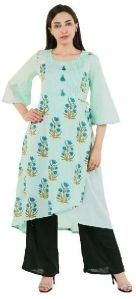 Latest Fashion Hand block Printed 3/4 Sleeve Sky Blue Cotton Kurti