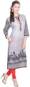 White Colored 3/4 sleeve Printed kurti VIKU2302