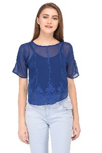 Blue Embroidered Semi Transparent Top
