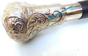 NICKEL FINISH CANE WALKING STICK ANTIQUE BRASS DESIGNER HANDLE