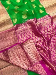 Dual Side Big Border Kanchi kora Silk Sarees with Contrast Brocade blouse