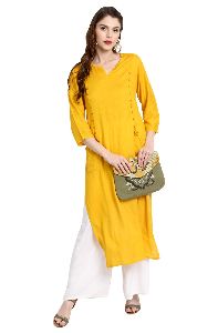 Women's Yellow Rayon Straight Kurta With Pocket