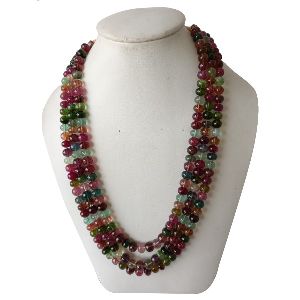 NATURAL TOURMALINE GEMSTONE ROUNDEL BEADS 3 STRINGS NECKLACE