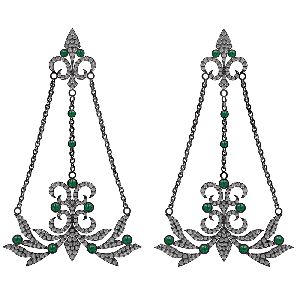 Sterling Silver Emerald Link Chain Fleur De LIs Chandelier Earrings
