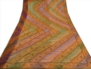 Sanskriti Vintage Indian Net Mesh Saree Hand Beaded Purple Orange Fabric Sari