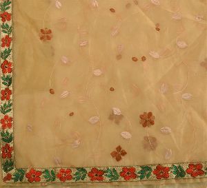Vintage indian saree art silk embroidered cream craft ethnic fabric sari