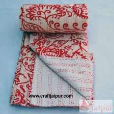 Floral Printed Indian Cotton Gudari Blanket, Handmade Kantha Quilt Throw