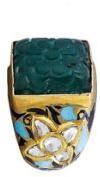 BLUE EMERALD ENAMEL CARVED POLKI RING