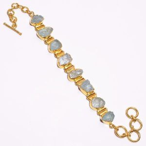 Aquamarine Raw Gemstone 925 Sterling Silver Gold Plated Bracelet