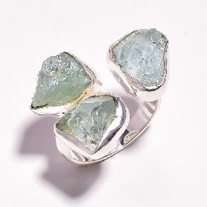 Aquamarine Raw Gemstone 925 Sterling Silver Ring Size US 8 Adjustable