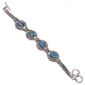 Blue Copper Turquoise Gemstone 925 Sterling Silver Bracelet