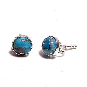 Blue Copper Turquoise Gemstone 925 Sterling Silver Stud Earrings