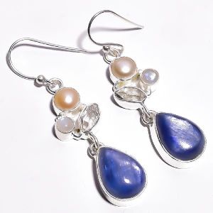 Blue Kyanite Pearl Gemstone 925 Sterling Silver Earrings