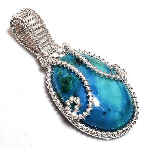 Chrysocolla Gemstone 925 Sterling Silver Wire Wrapped Pendant